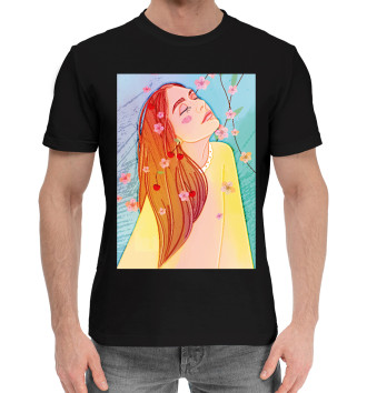 Мужская Хлопковая футболка Девушка с закрытыми глазами в цветах