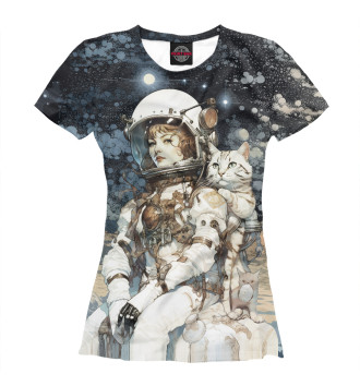 Женская Футболка Космонавт с белым полосатым котом