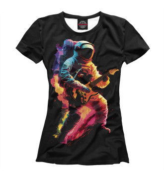 Женская Футболка Космонавт с гитарой в радужных огнях