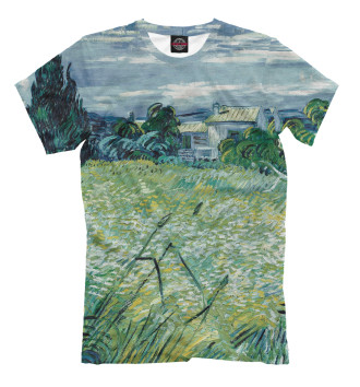Мужская Футболка Ван Гог. Зеленое пшеничное поле с кипарисом
