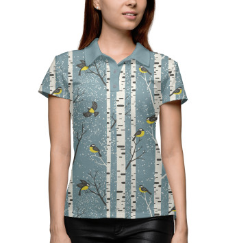 Женское Рубашка поло Синички на берёзах
