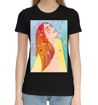 Женская Хлопковая футболка Девушка с закрытыми глазами в цветах