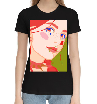 Женская Хлопковая футболка Яркий женский портрет с пирсингом